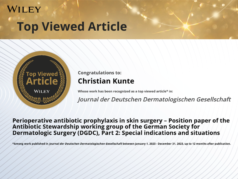 Zertifikat Prof. Christian Kunte - Top Viewed Article - Journal der Deutschen Dermatologischen Gesellschaft